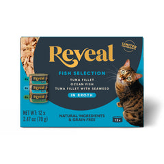 Reveal Natural Wet Cat Food variety pack front label highlights grain-free, high-protein meals.