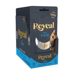 Reveal whole mackerel loin treats in pack image, high-protein natural snack for cats.