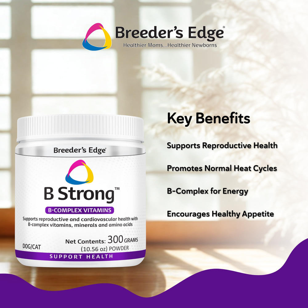 Breeder's Edge B Strong powder label with B-complex nutrients for vitality.