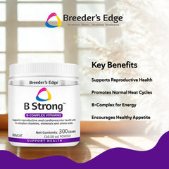 Breeder's Edge B Strong powder label with B-complex nutrients for vitality.