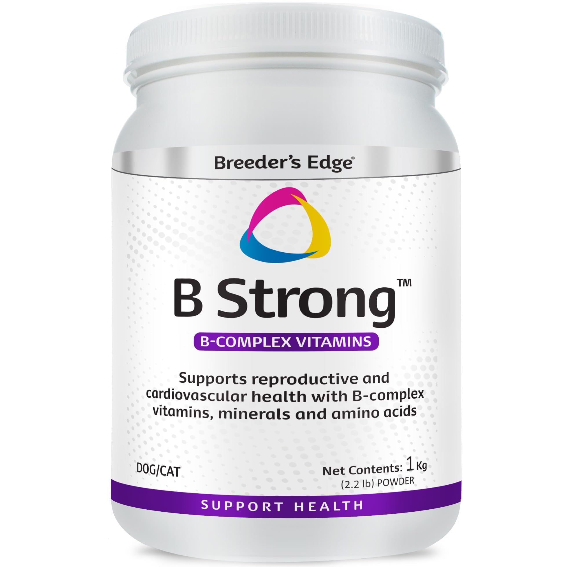 Revival Breeder's Edge B Strong powder tub shown, supports reproductive health in dogs and cats.