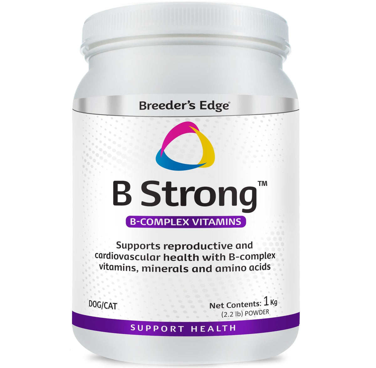Revival Breeder's Edge B Strong powder tub shown, supports reproductive health in dogs and cats.