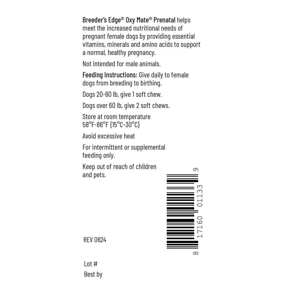Revival Breeder's Edge Oxy Mate nutrition facts panel highlights key vitamins