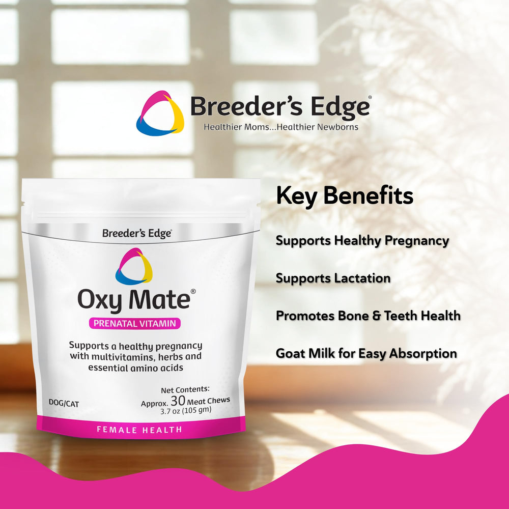 Revival Breeder's Edge Oxy Mate treats shown for pregnant dogs and cats.