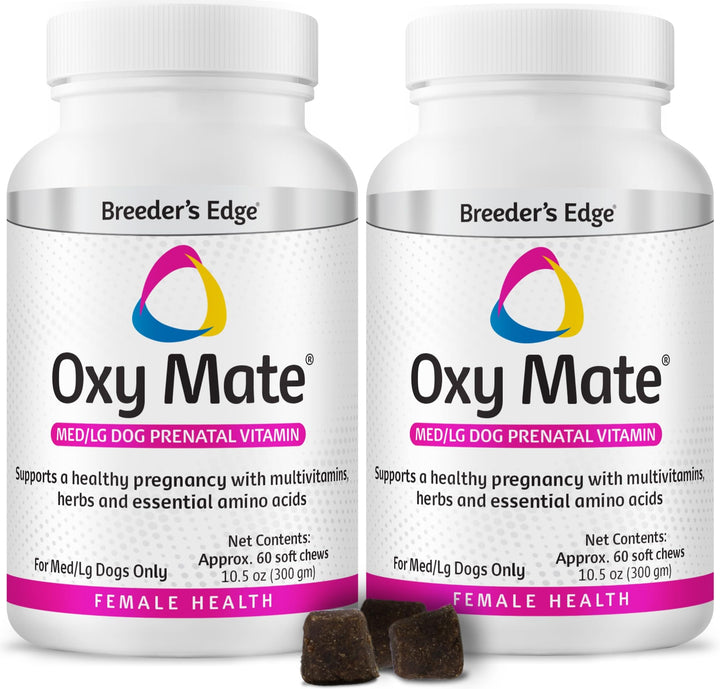 Revival Animal Health's Breeder's Edge Oxy Mate bottle label highlights iron, folic acid, and zinc for prenatal nutrition.
