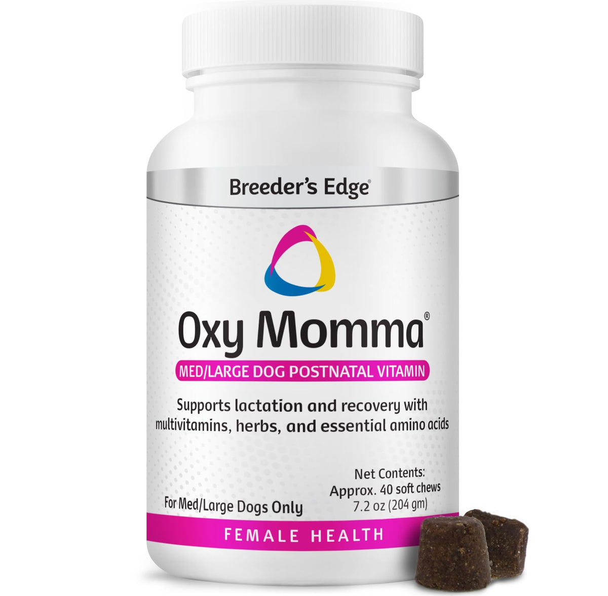 Breeder's Edge Oxy Momma soft chews bottle front supporting lactating mothers