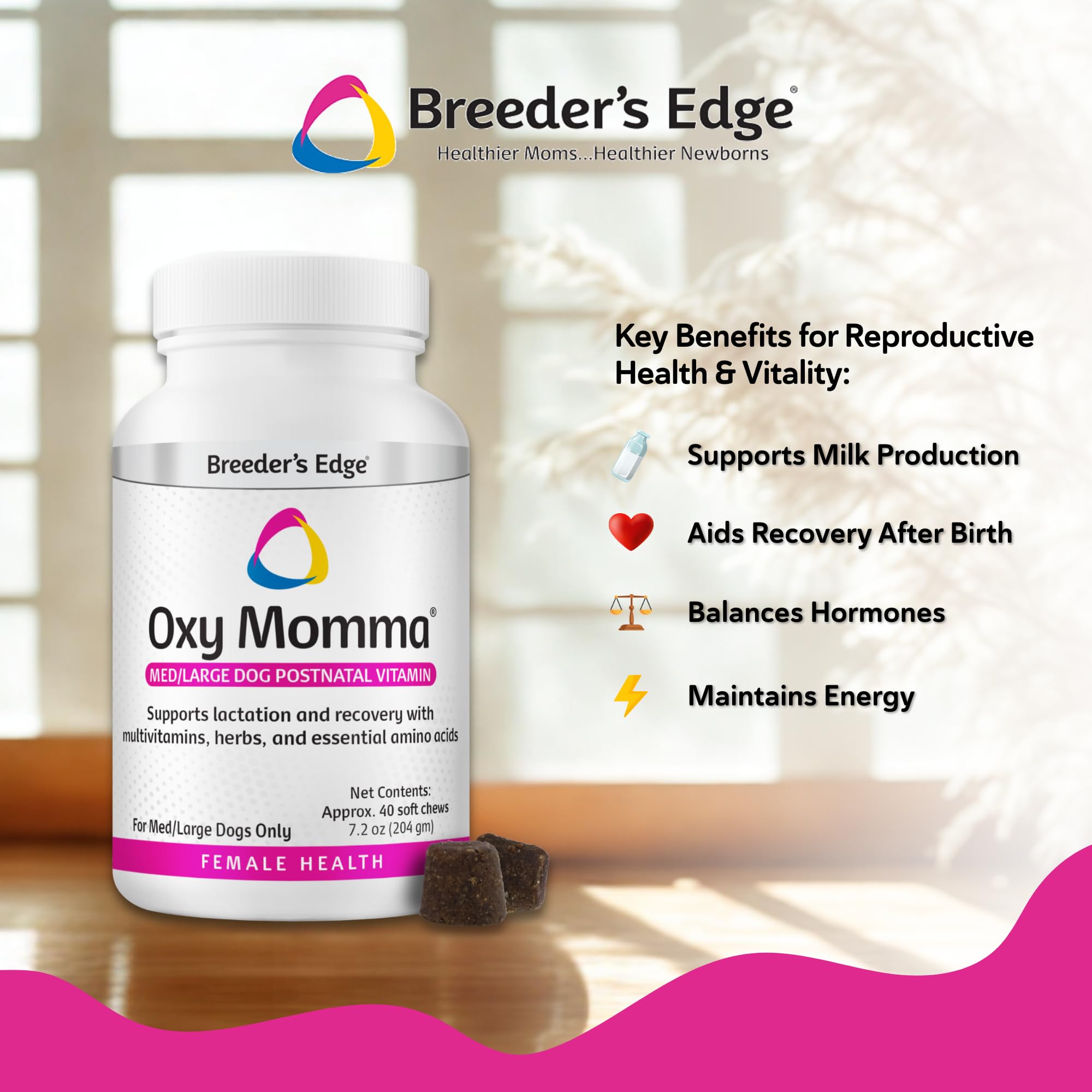 Breeder's Edge Oxy Momma dog mom nursing with chews