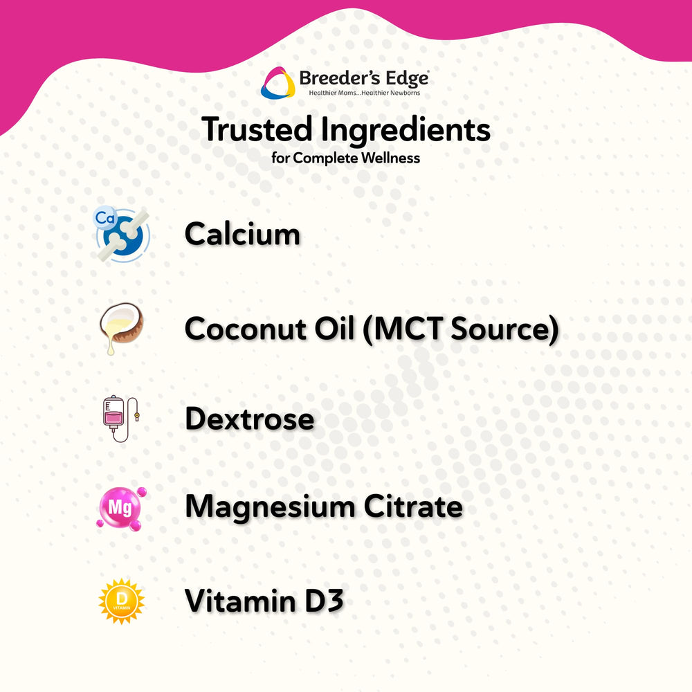Breeder's Edge triple calcium sources emphasized for balanced calcium support during labor.