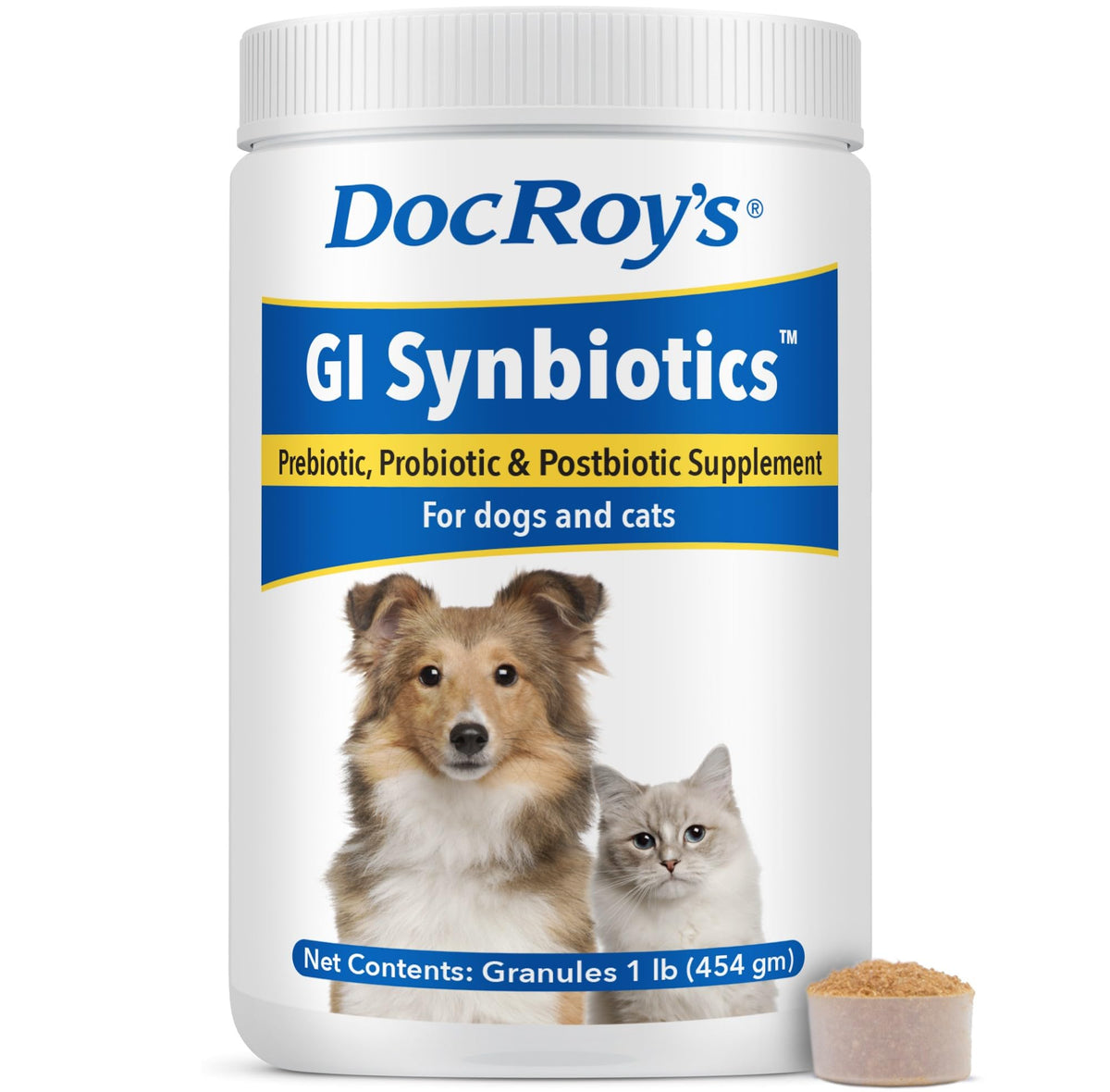 Revival Doc Roy’s GI Synbiotics granules in a bottle support digestive balance.