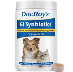 Revival Doc Roy’s GI Synbiotics granules in a bottle support digestive balance.