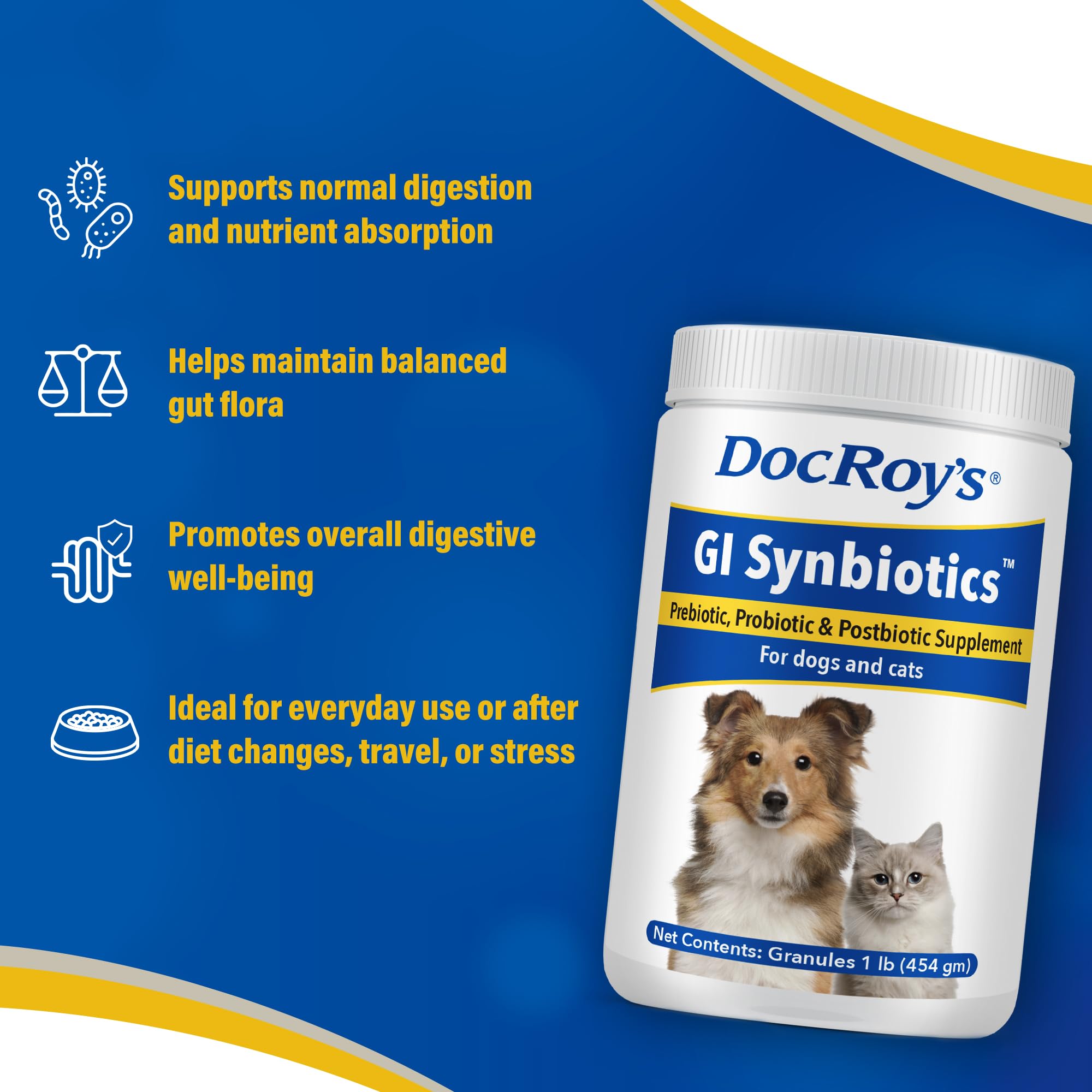 The tub shows chicken-flavored formula pets may accept more easily with Doc Roy’s granules.