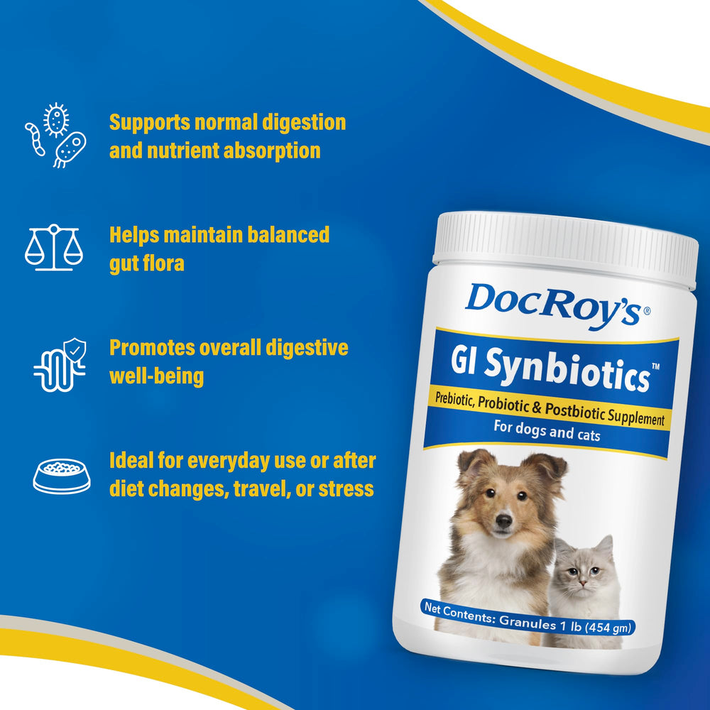 The tub shows chicken-flavored formula pets may accept more easily with Doc Roy’s granules.