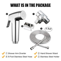 REV REEGE 8ft stainless steel hose provides extended reach for thorough rinsing.