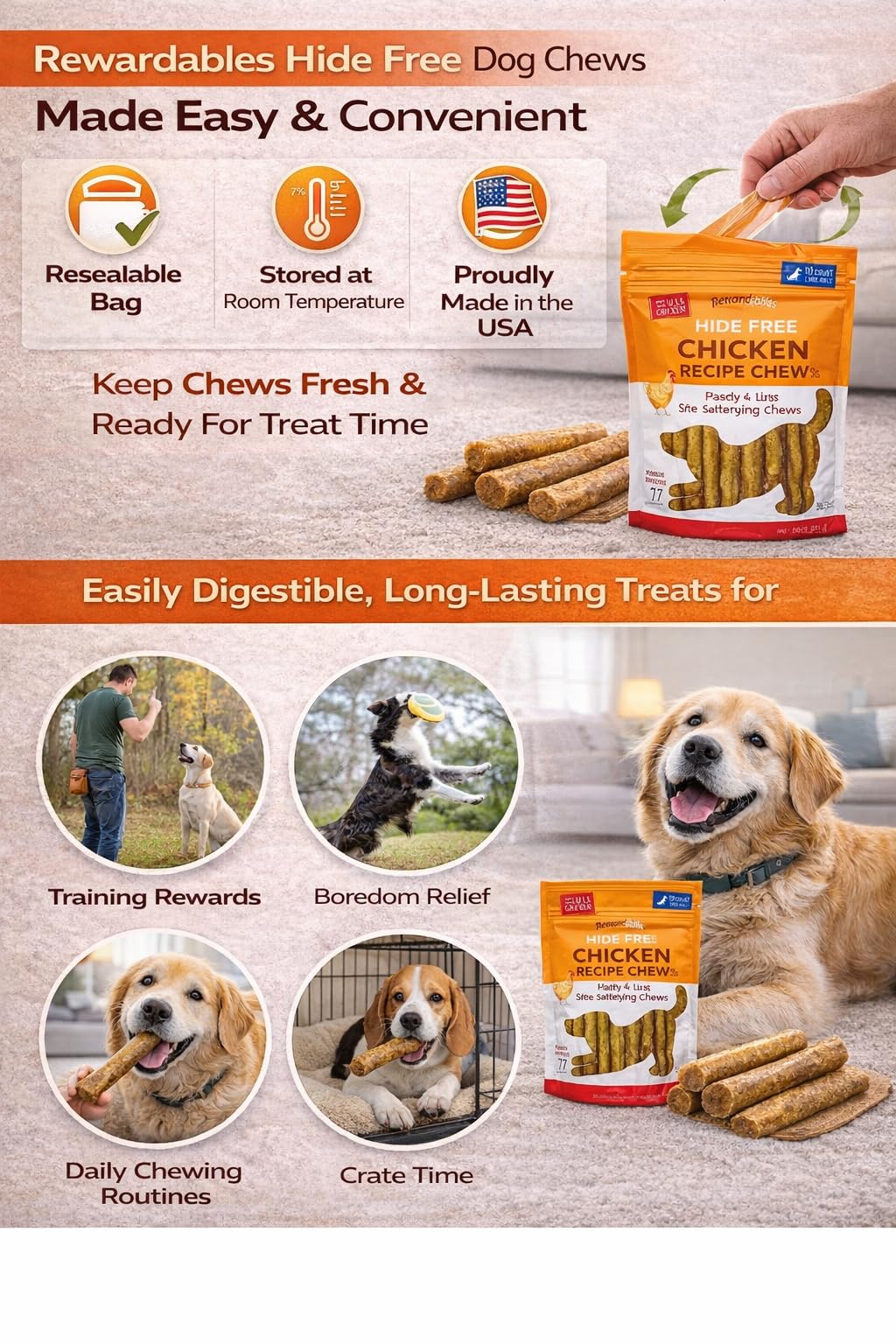 Rewardables chicken chews in a resealable bag stay fresh and easy to store.