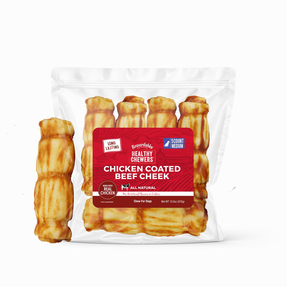 Rewardables chicken coated beef cheek rolls packaging showing a long lasting chew.