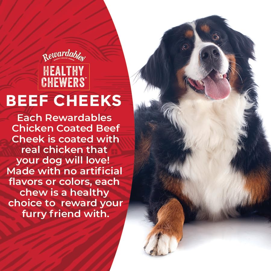 Rewardables chicken-coated beef cheek rolls dog chewing action with extended play.