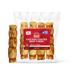 Rewardables chicken-coated beef cheek rolls large 4-pack for long-lasting chews.