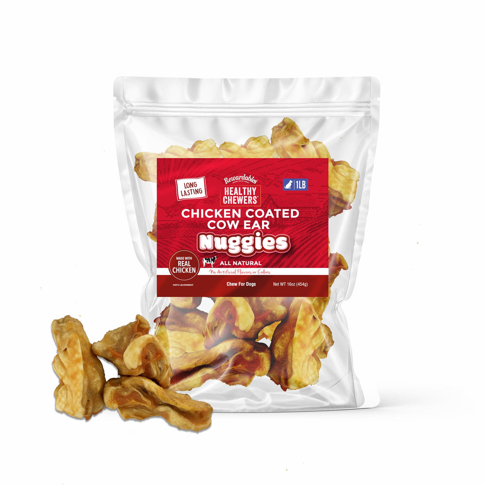 Rewardables chicken coated cow ear nuggies bag shot for long-lasting dog chews
