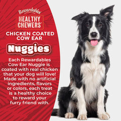 Rewardables chicken coated cow ear nuggies dog enjoying chew demonstrates engagement