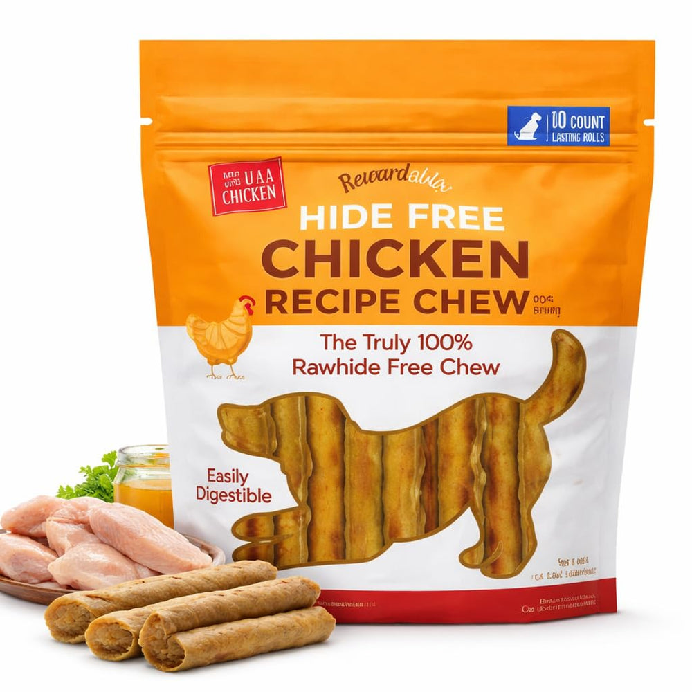 Rewardables Hide Free Chicken Chews 7-inch rolls provide long-lasting entertainment for medium to large dogs.