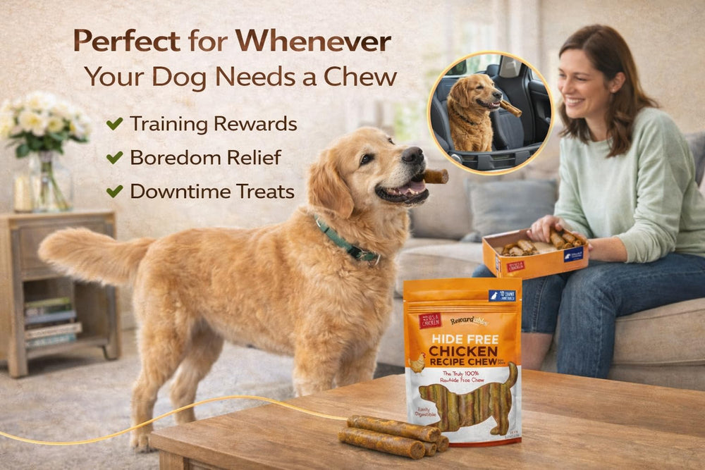 Rewardables large-dog chews come in a 10-roll, 2.4 lb package for extended entertainment.