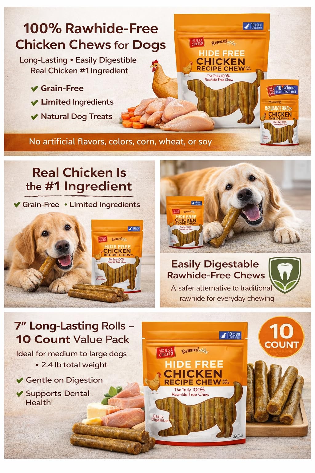 Rewardables rawhide-free chews present a safer alternative for large breeds during playtime.