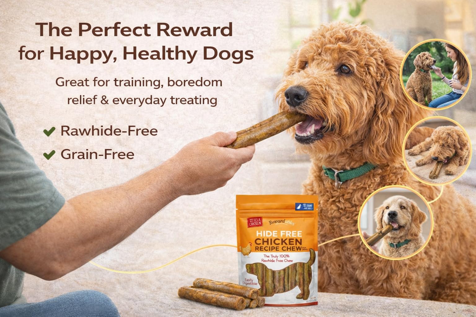 Rewardables seven-inch rolls offer long-lasting chew time for medium and large dogs.