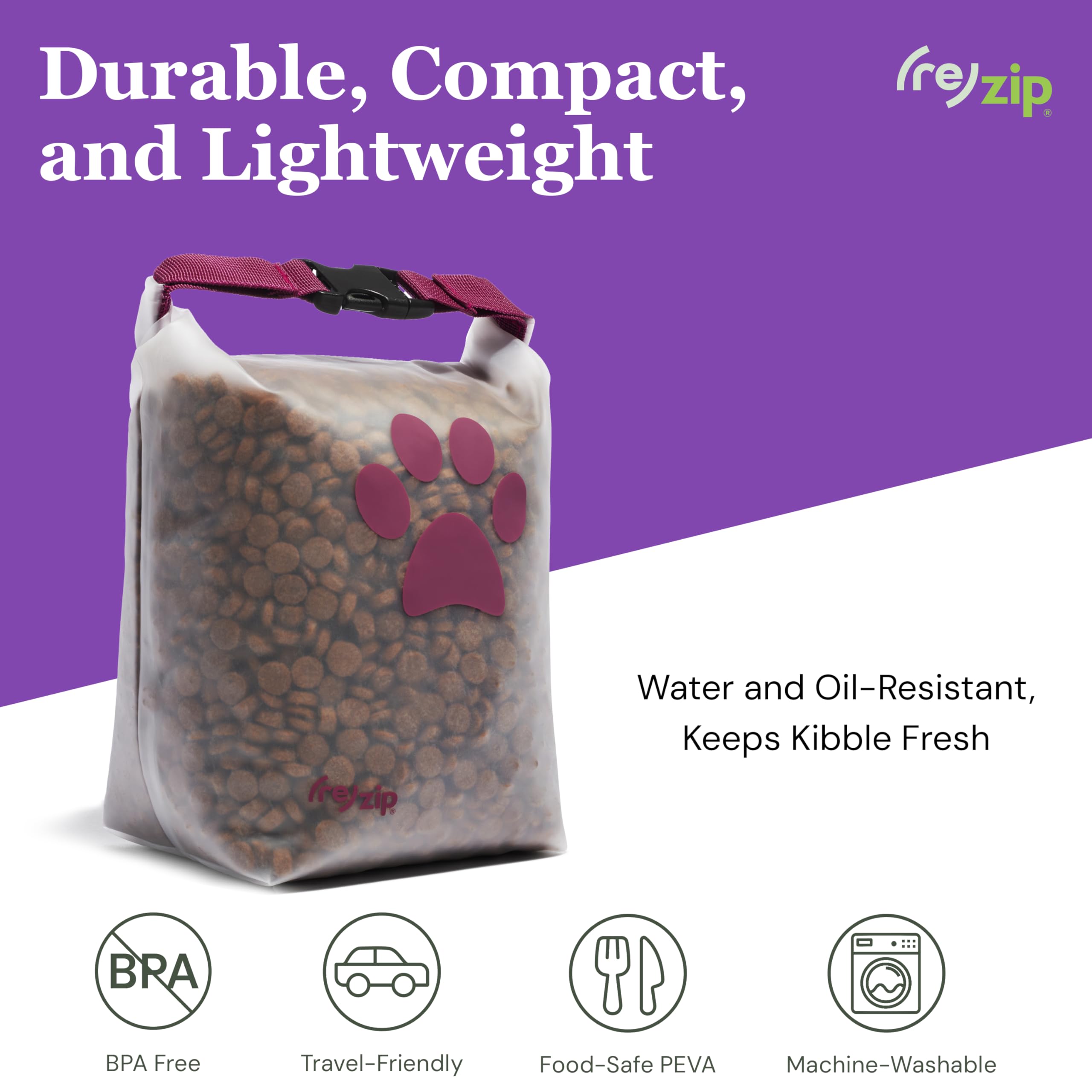 rezip durable water-resistant PEVA material protects dry food on camping trips.