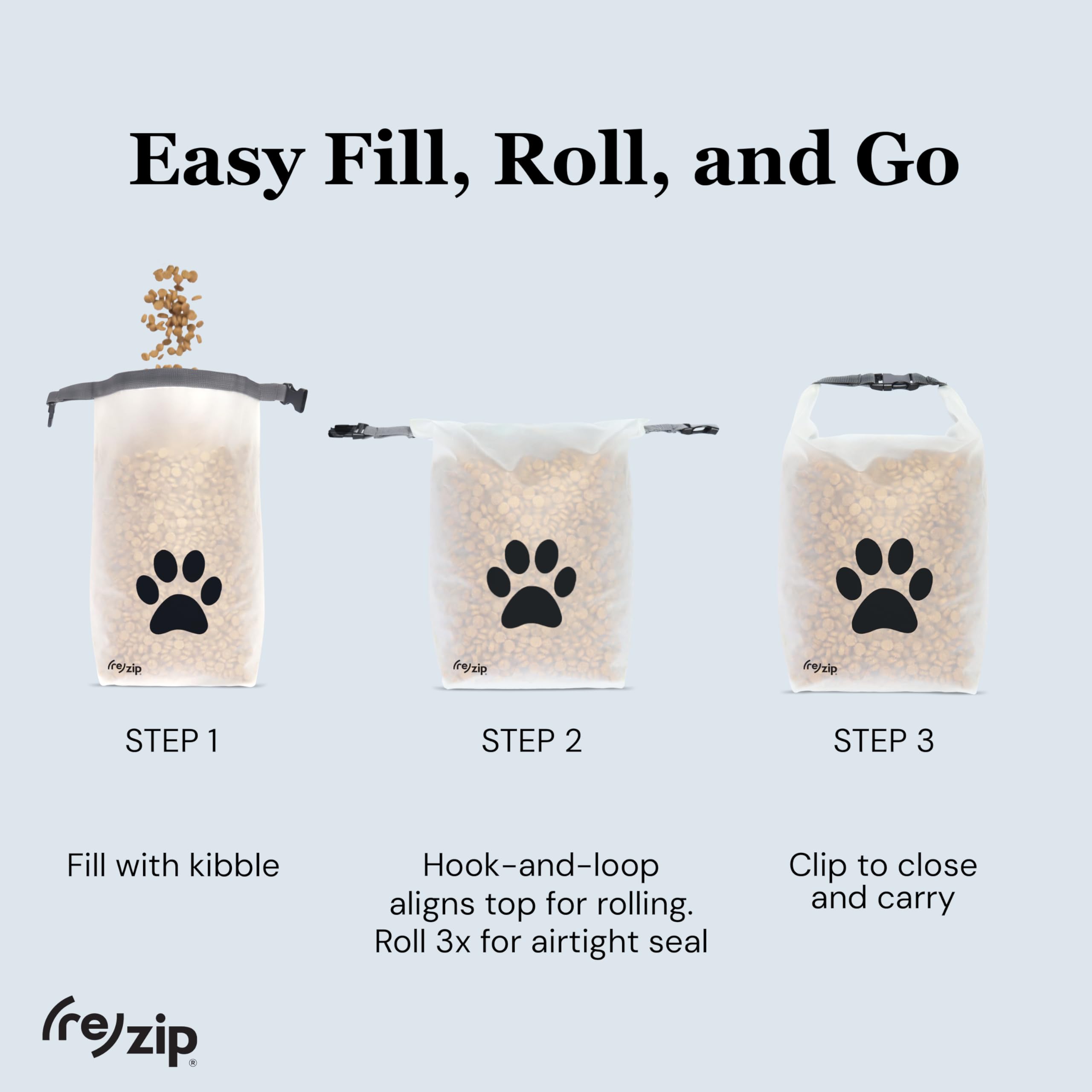 (re)zip machine-washable bag makes cleanup easy after meals.