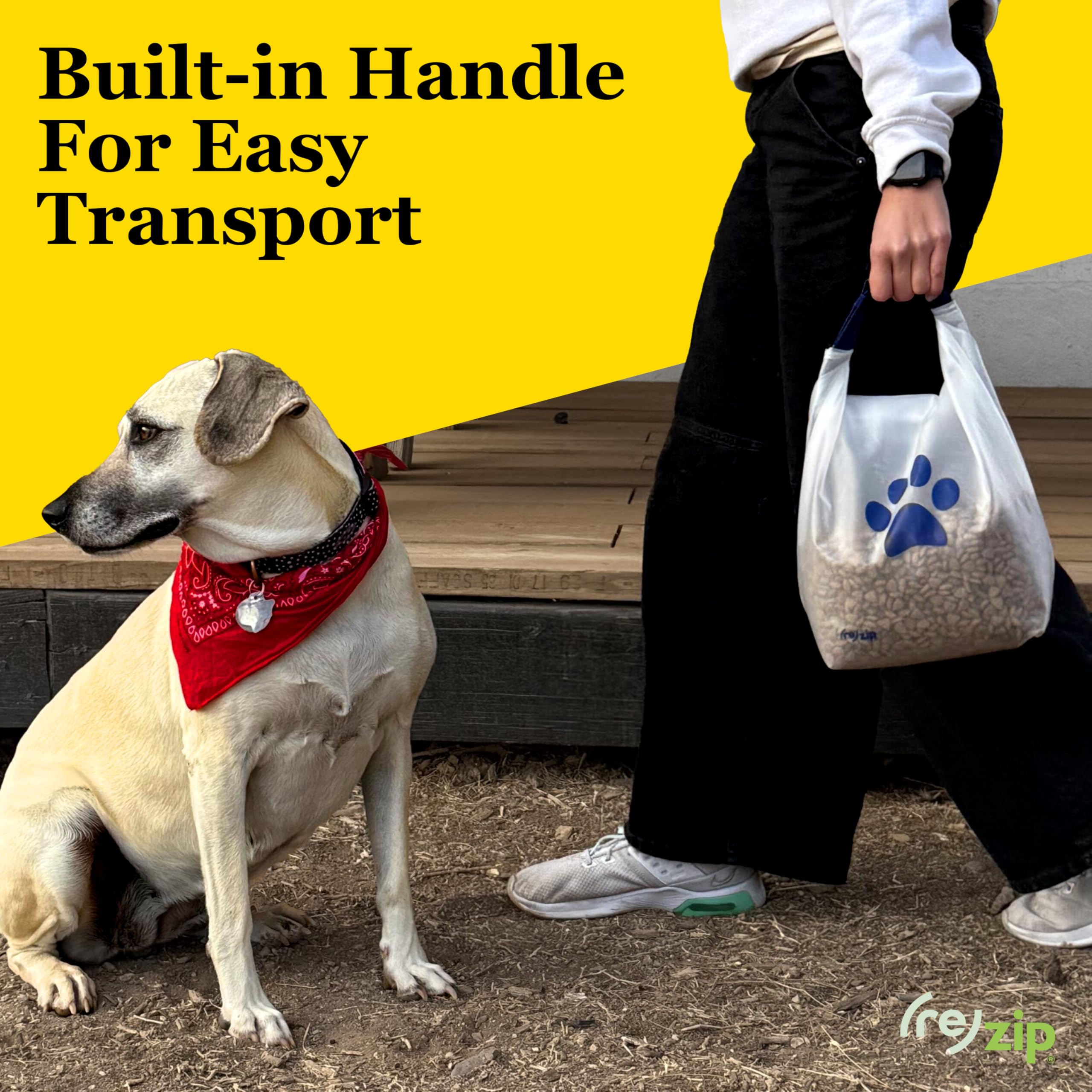 (re)zip Roll Top Pet Food Bag measures 6 in L x 5 in D x 13 in H, with clip handle.