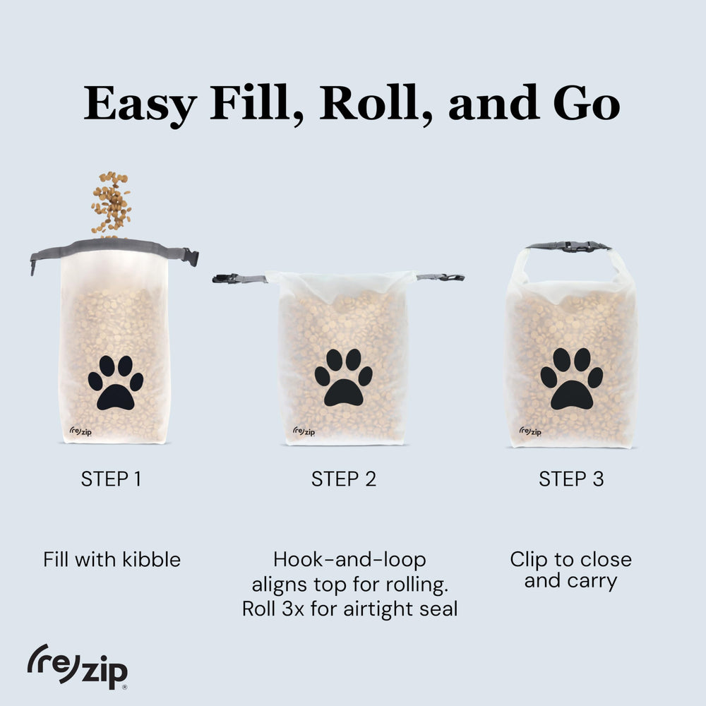 (re)zip Roll Top Pet Food Bag uses durable, water-resistant PEVA for kibble protection.