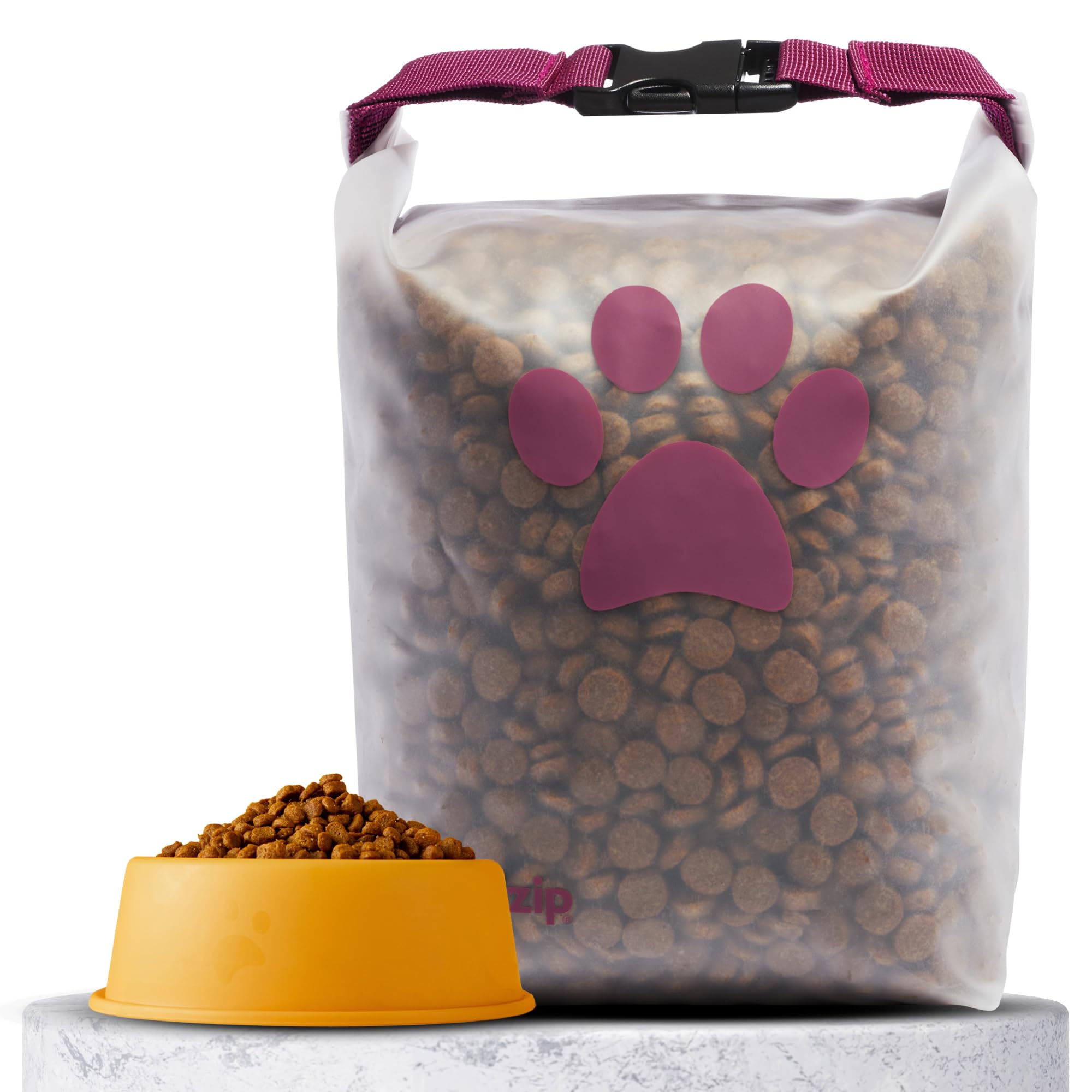 (re)zip roll top bag with 14-cup capacity keeps kibble fresh on camping trips.