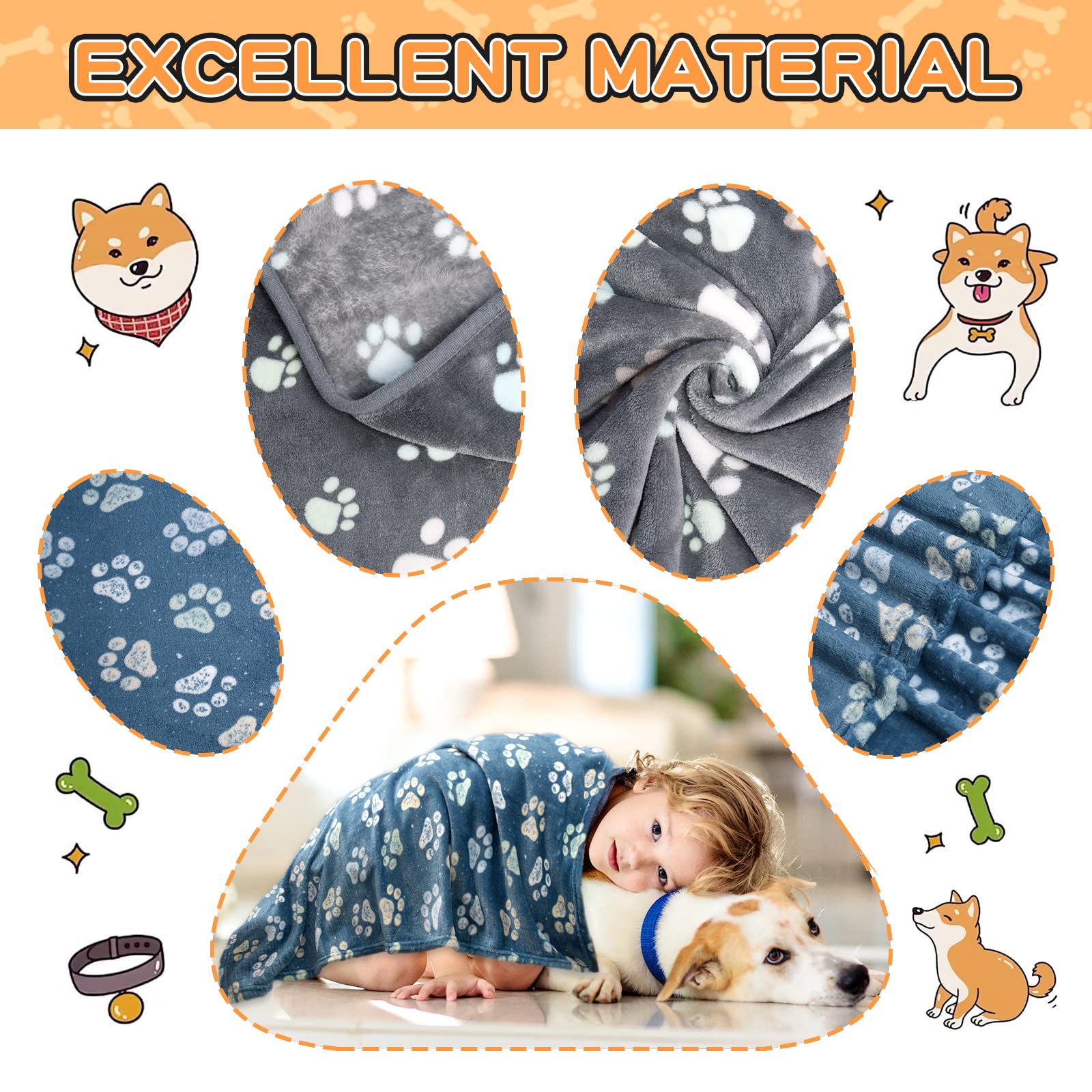 Rezutan premium dog blanket blue side-stitching with paw pattern for cozy seating