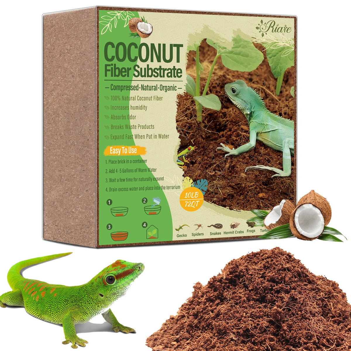 Riare 10lbs coconut fiber brick expands when soaked to form fluffy, humidity-retaining bedding