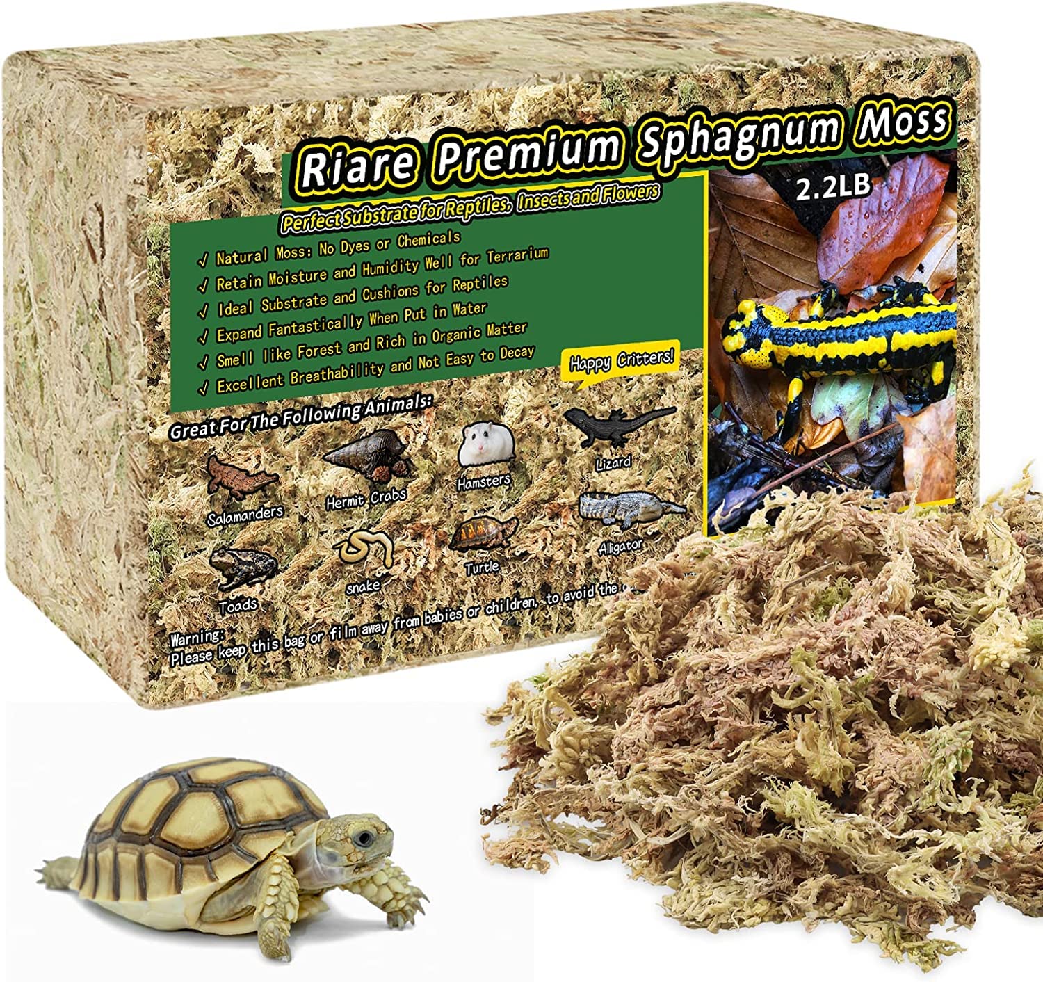Riare 2.2lb natural sphagnum moss package for reptile habitats.