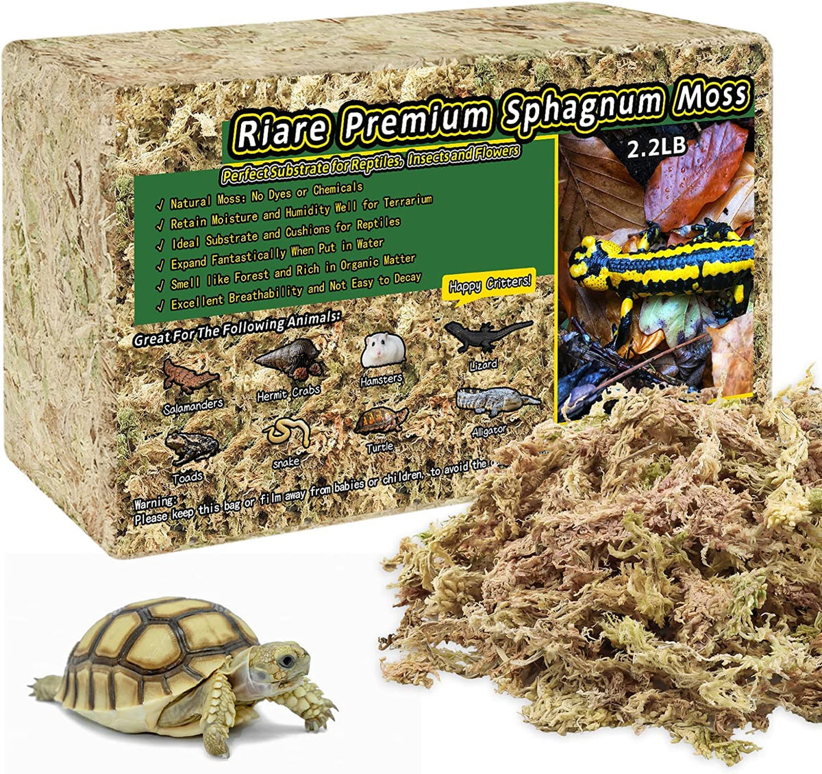 Riare 2.2lb natural sphagnum moss package for reptile habitats.