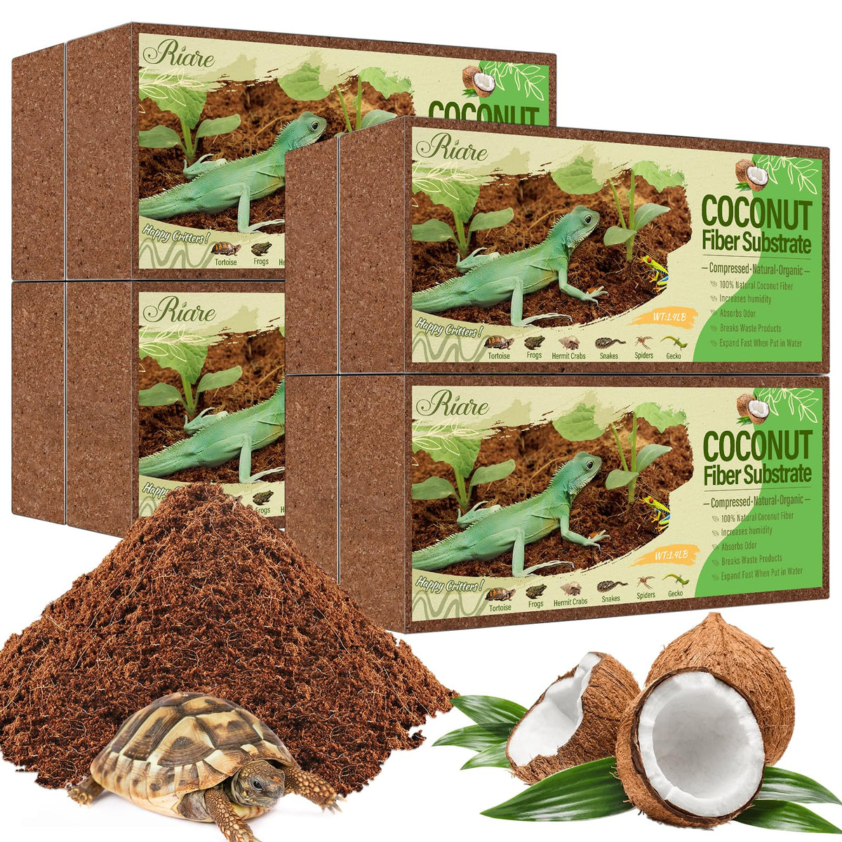 Riare coconut fiber bricks expand into soft bedding for burrowing reptiles.