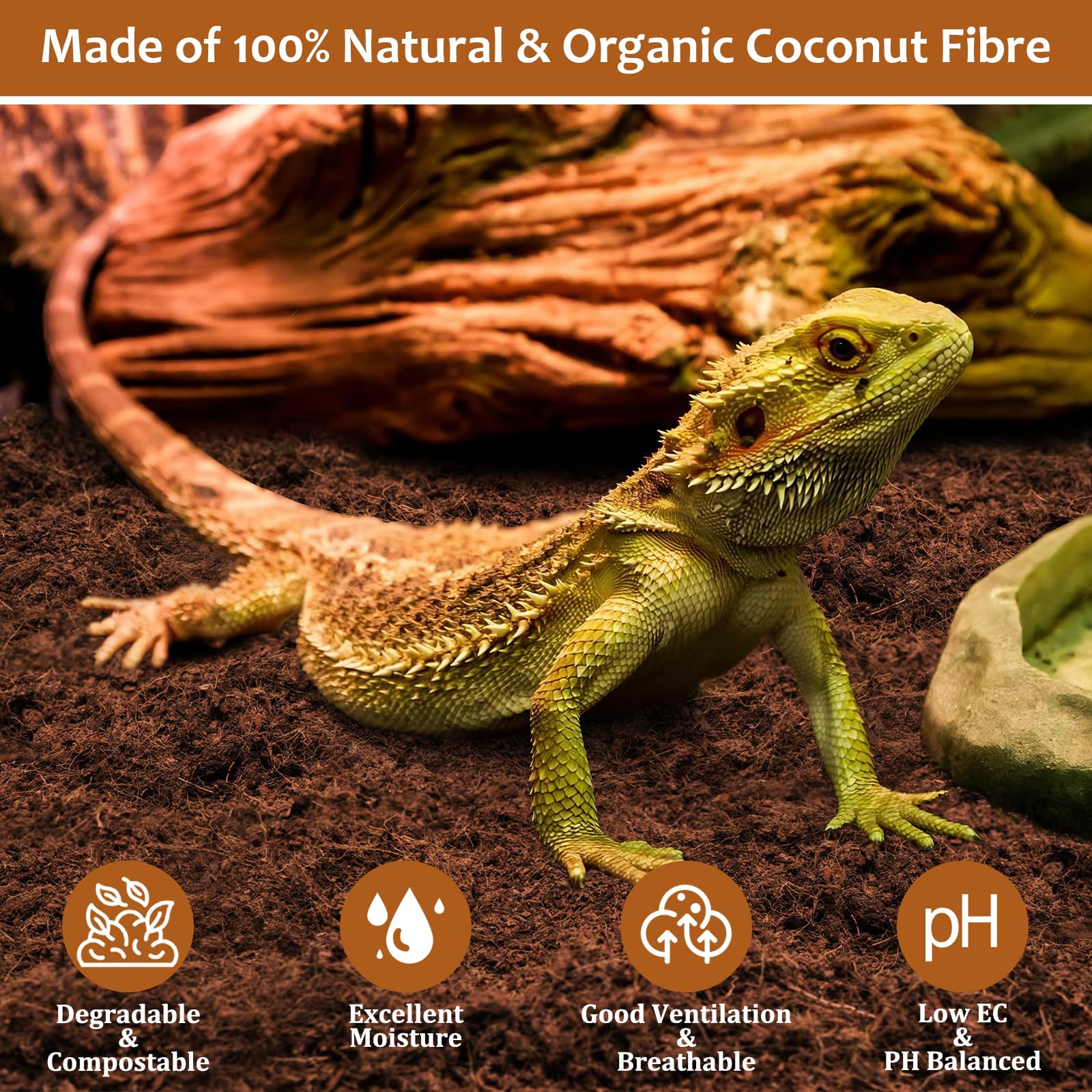 Expanded coconut coir substrate provides breathable habitat for reptiles.