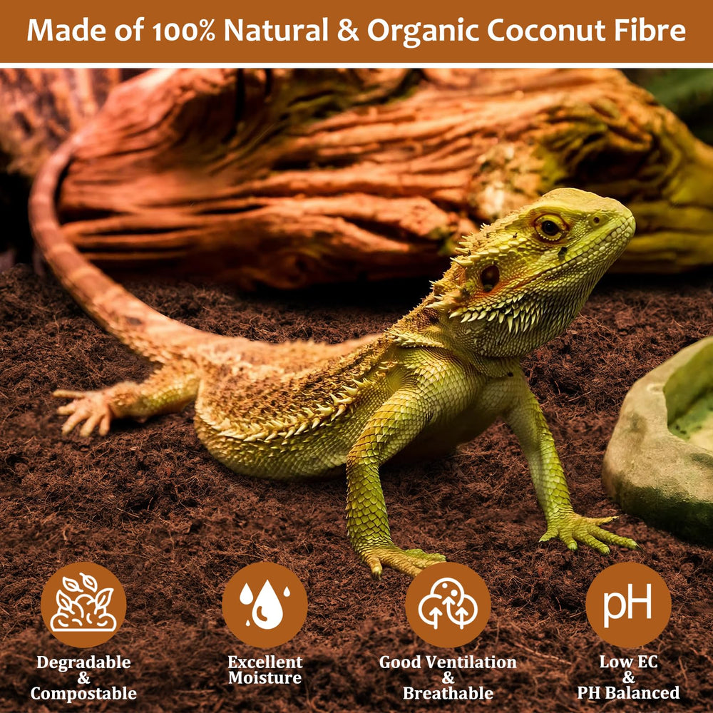 Expanded coconut coir substrate provides breathable habitat for reptiles.
