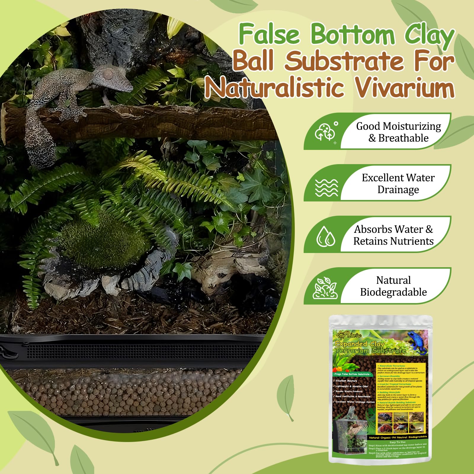 Riare natural clay pebbles substrate highlighting pH-neutral, inert properties for versatile vivarium use.