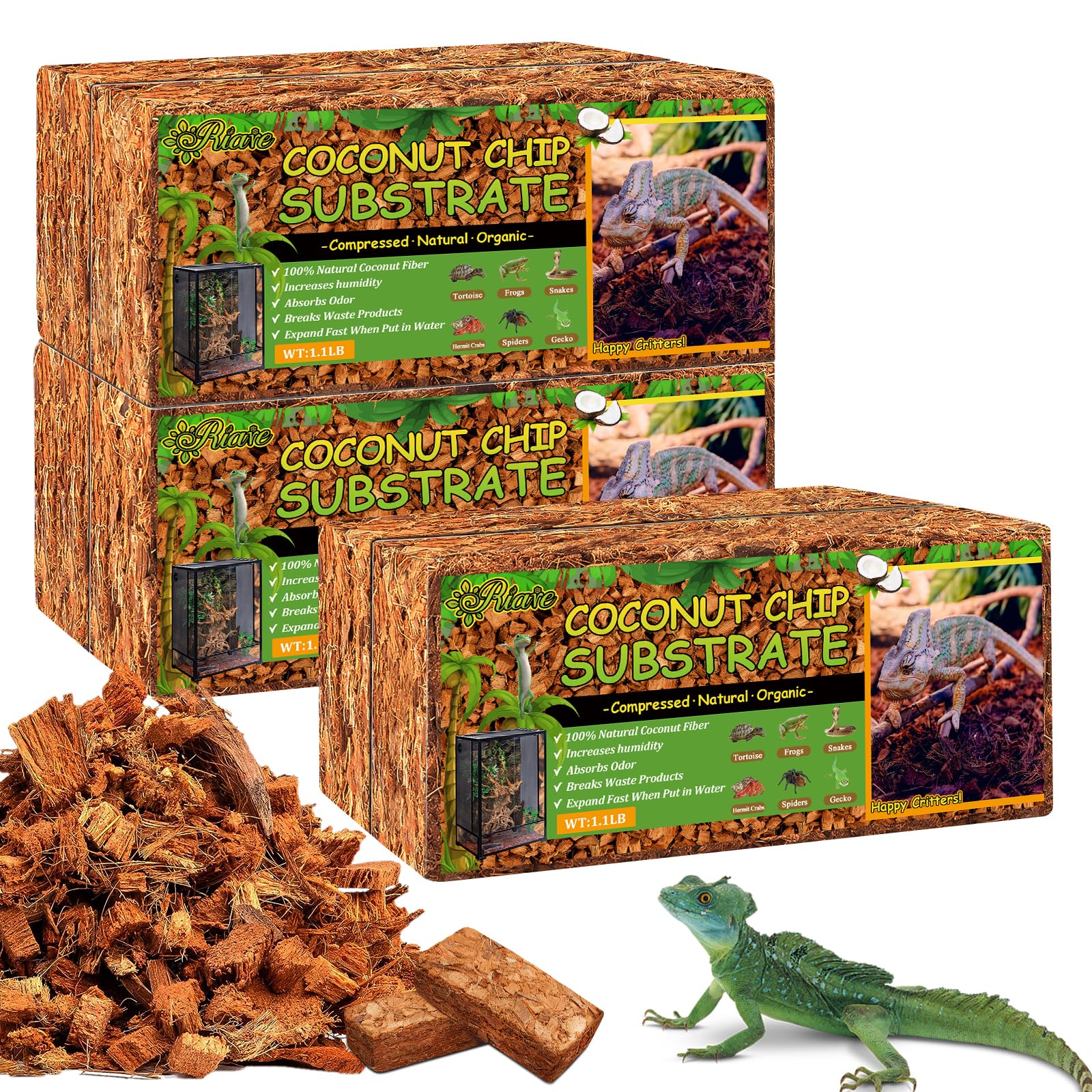 Riare coconut chip substrate brick expands easily for reptile bedding.