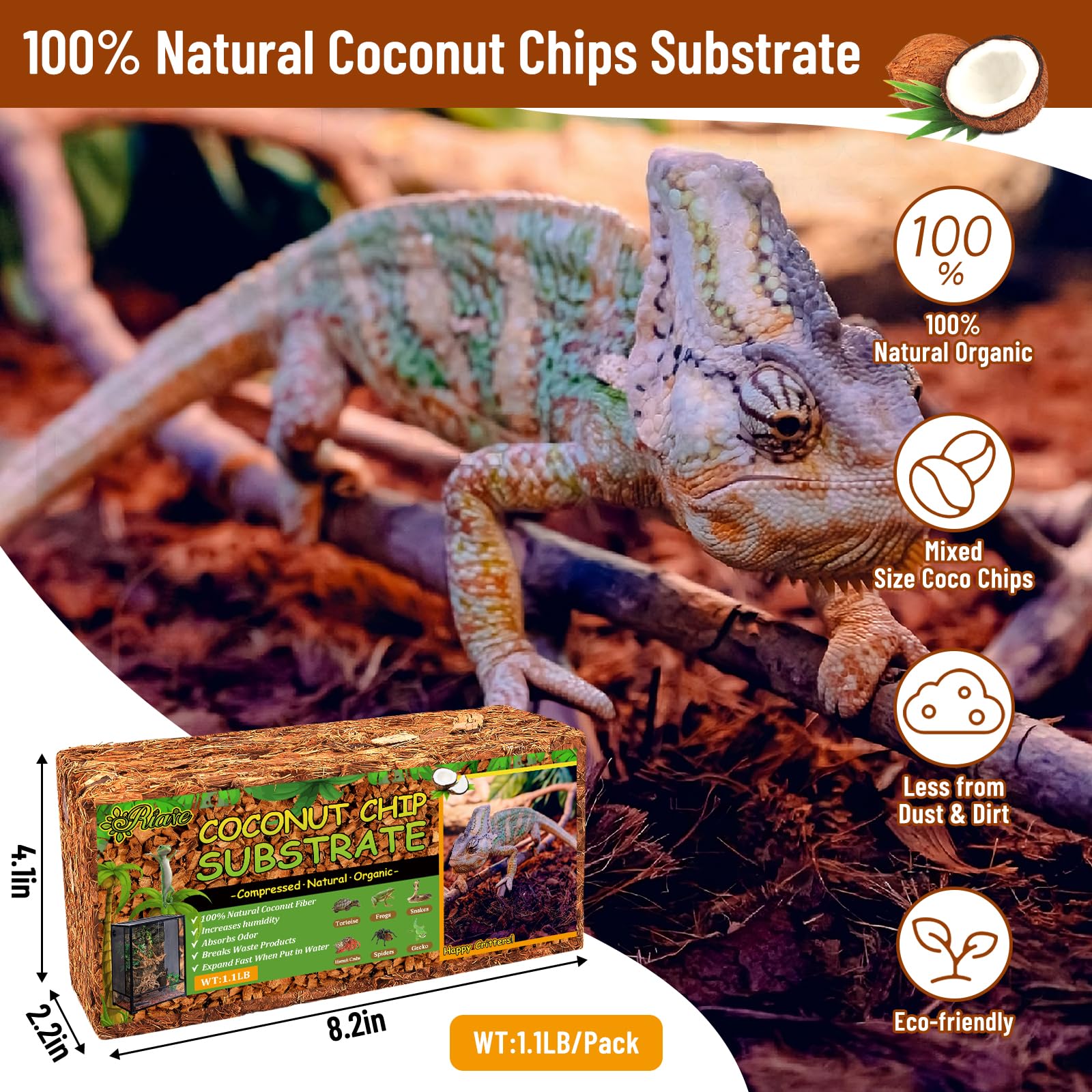 Riare coco husk chips provide burrow-friendly reptile bedding for natural behavior.
