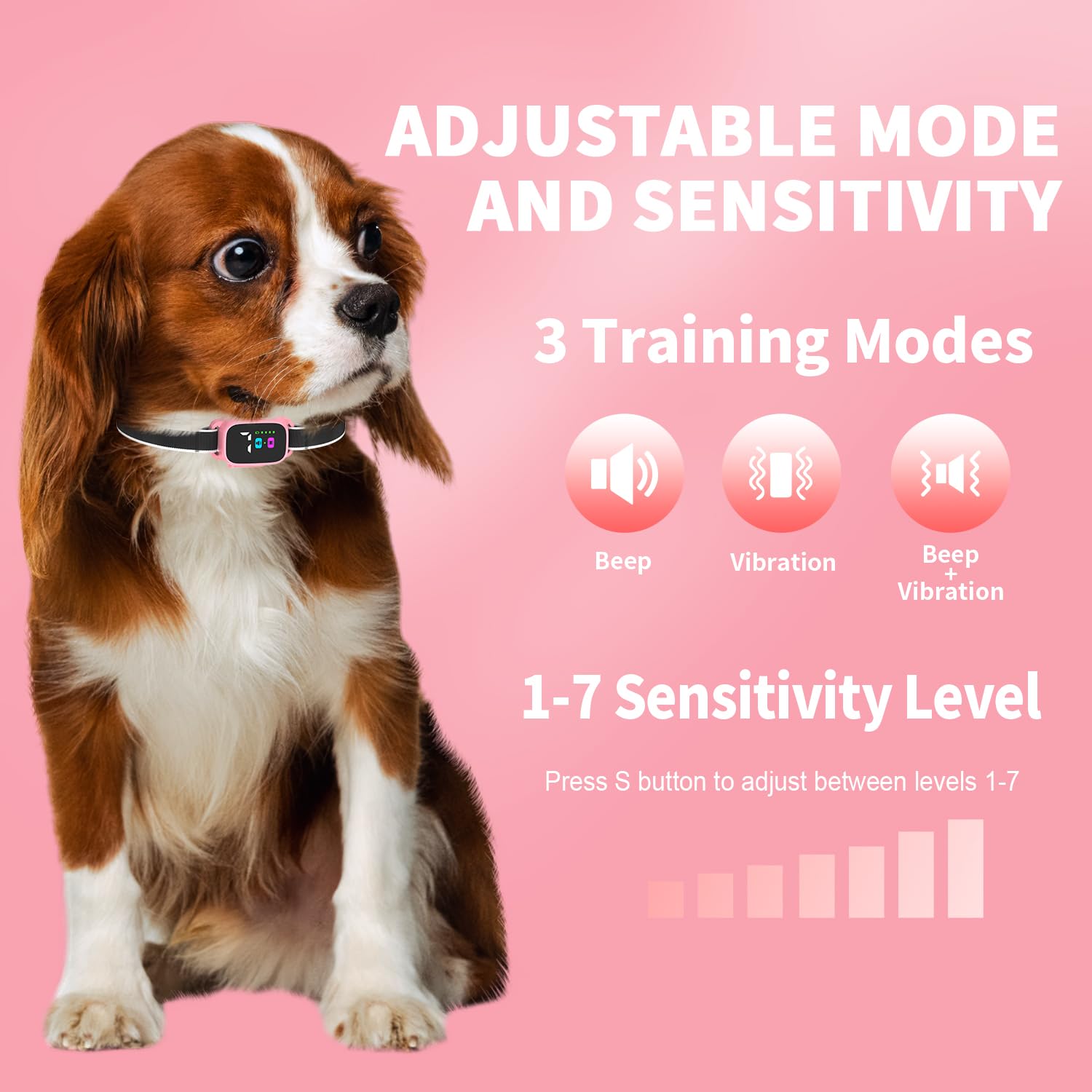 RICIVI collar shows seven sensitivity levels for precise training at home.
