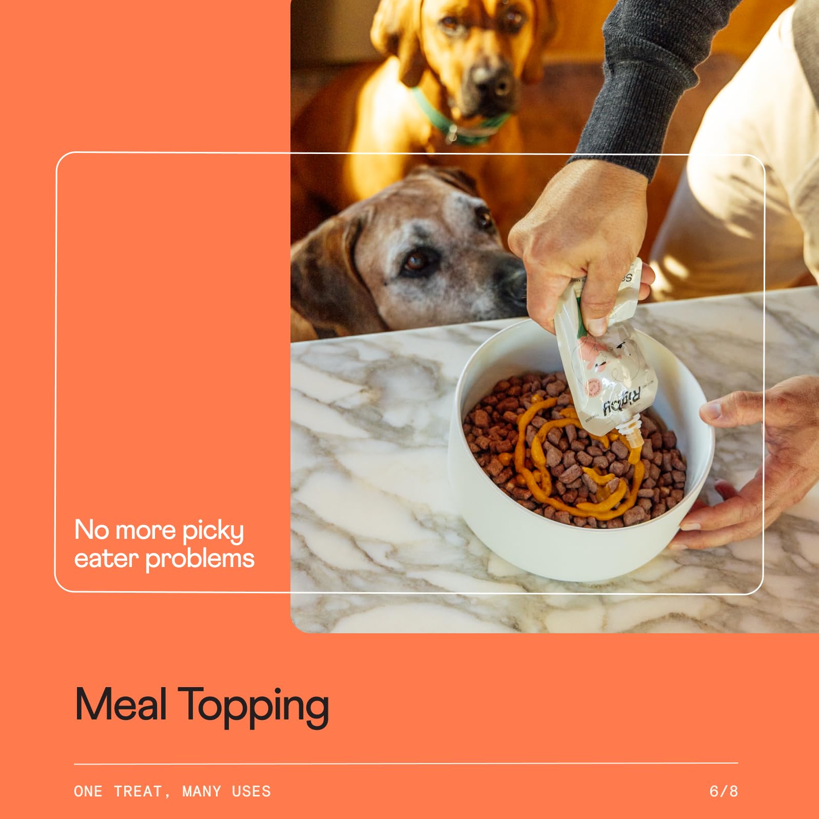 Rigby squeeze used as a meal topper on dog food