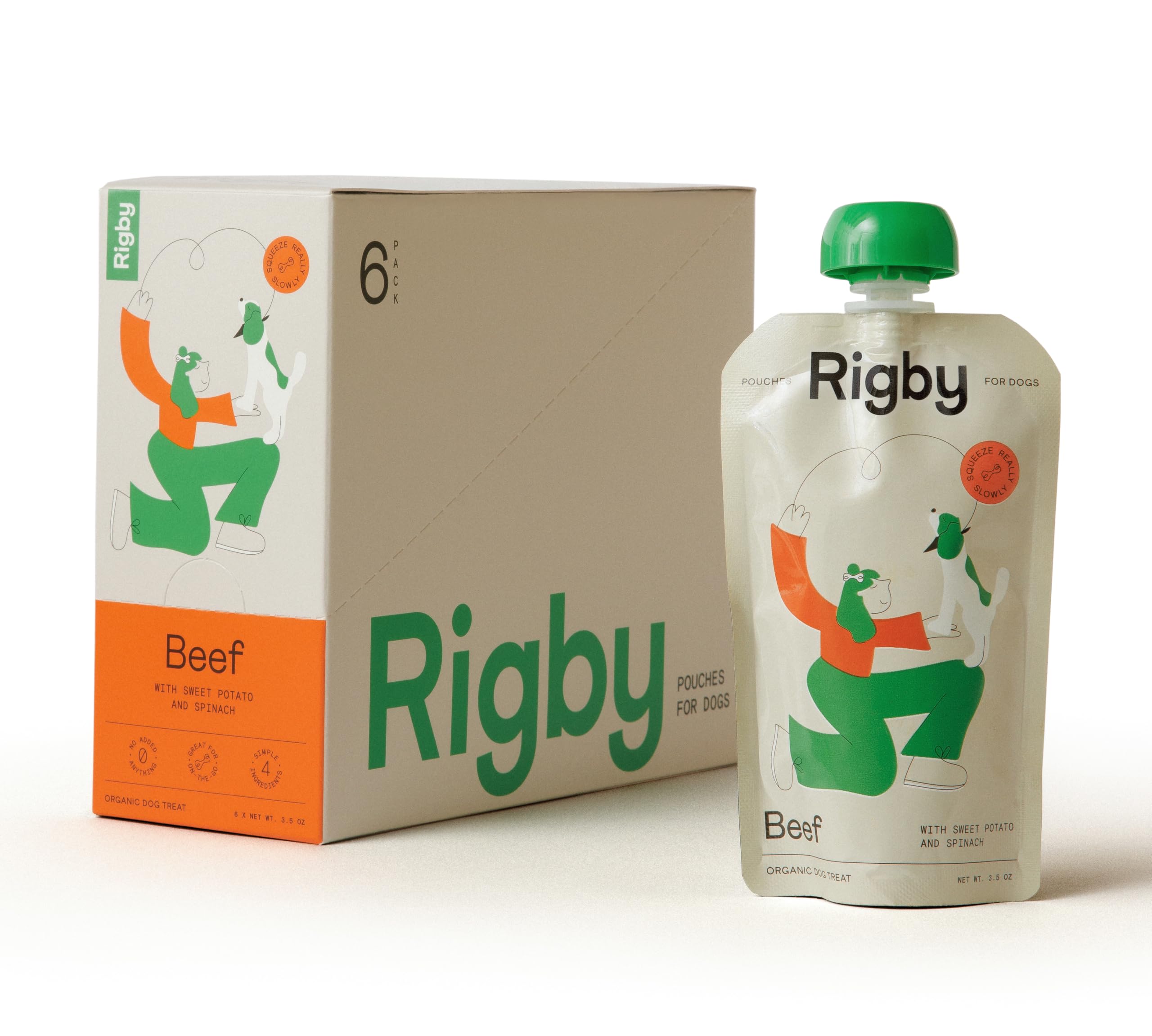 Rigby organic beef treat pouch standing upright for quick rewards on the go