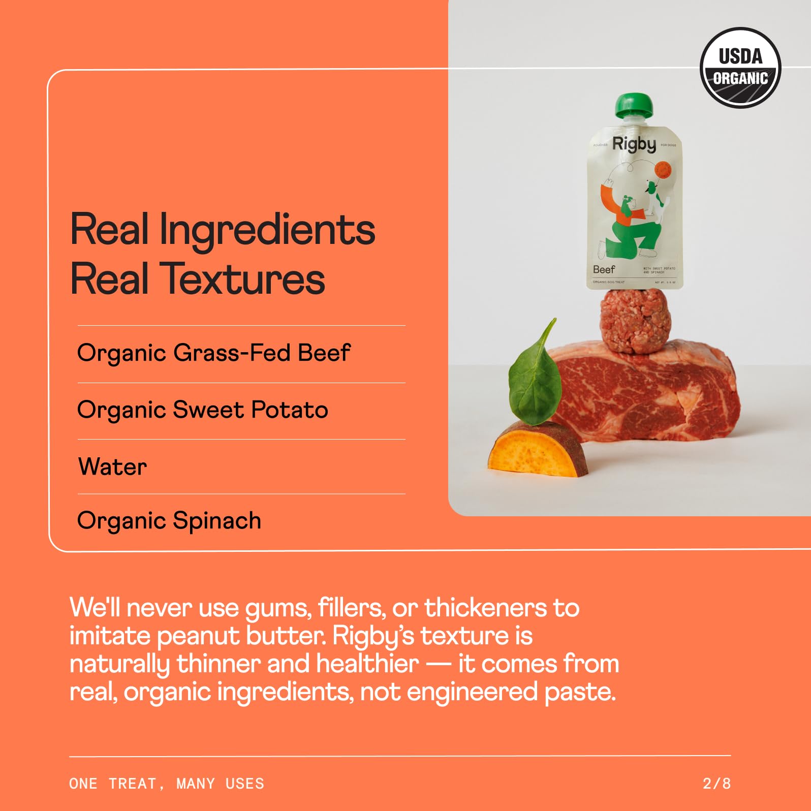 Close-up of Rigby real-food texture in a squeeze pouch