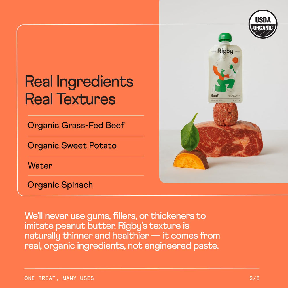 Close-up of Rigby real-food texture in a squeeze pouch