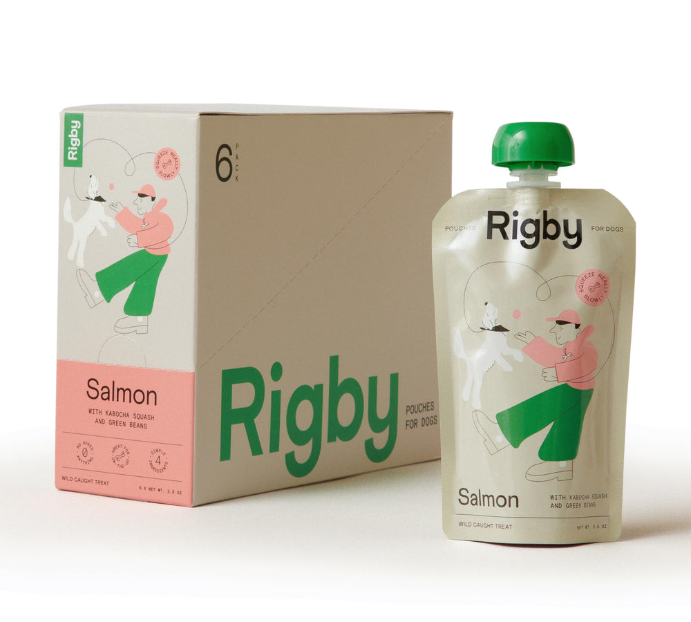 Rigby salmon squeeze pouch front view for on-the-go rewards.
