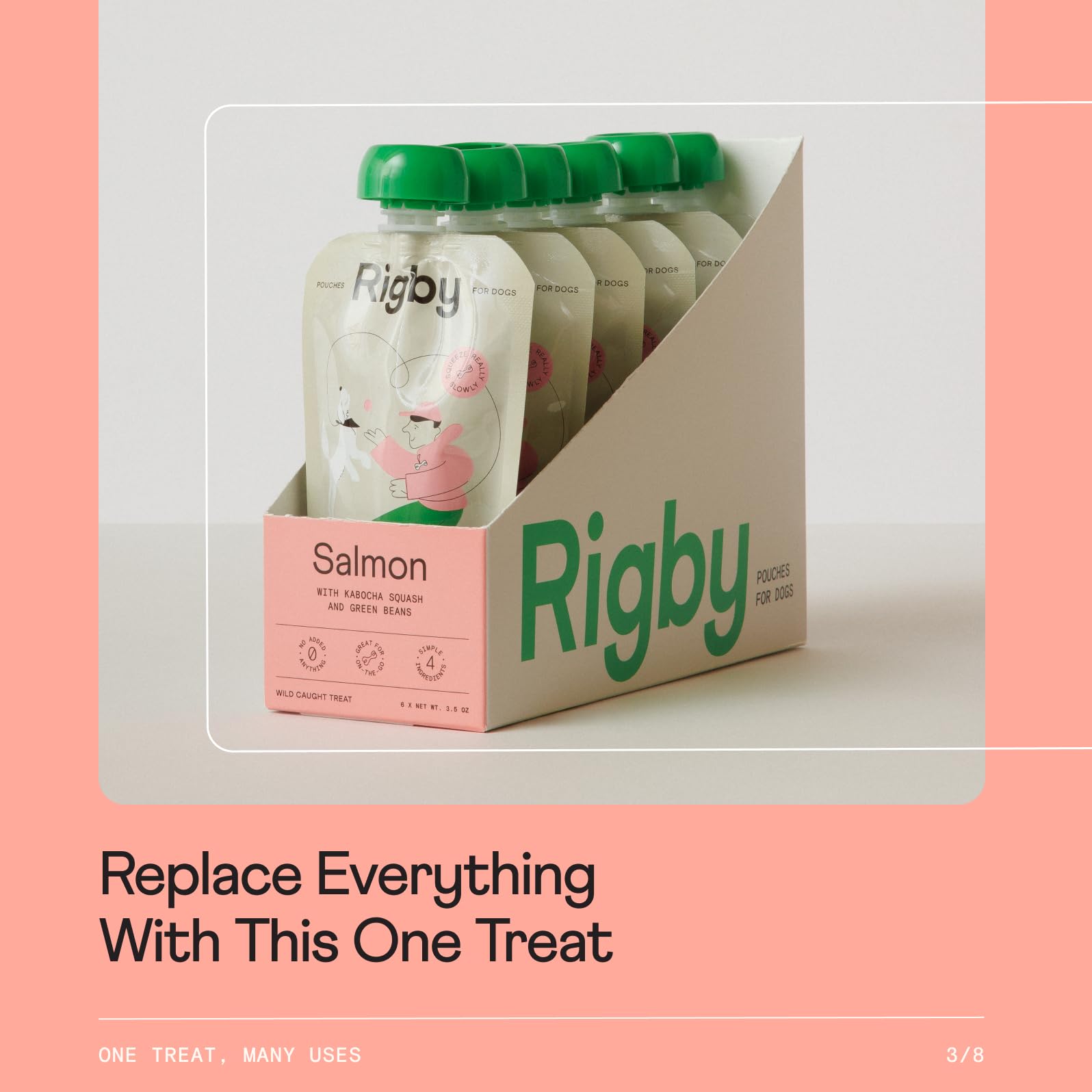 Rigby salmon squeeze pouch in training session for recalls.