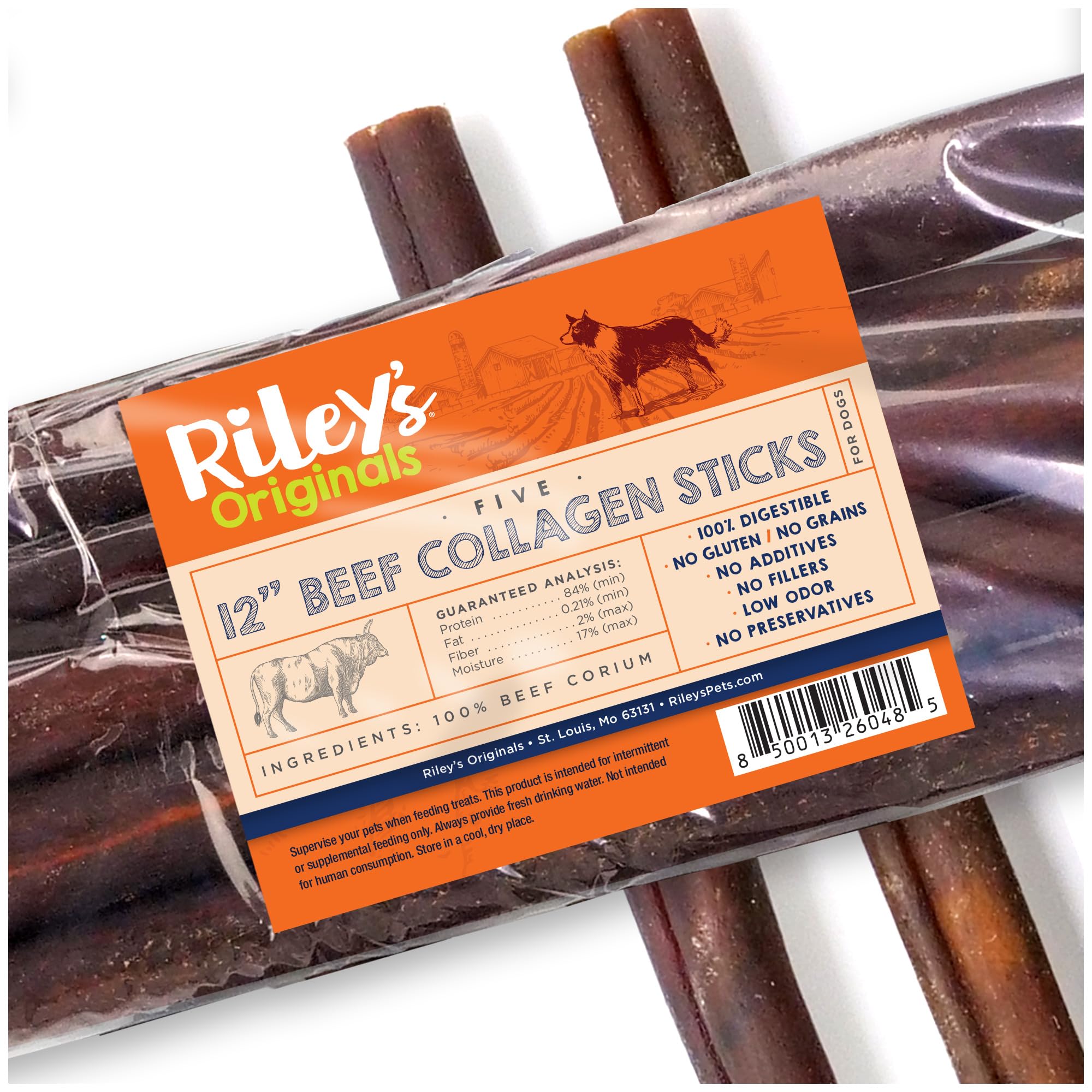 Riley's 12-Inch Beef Collagen Sticks package showing a durable dog chew